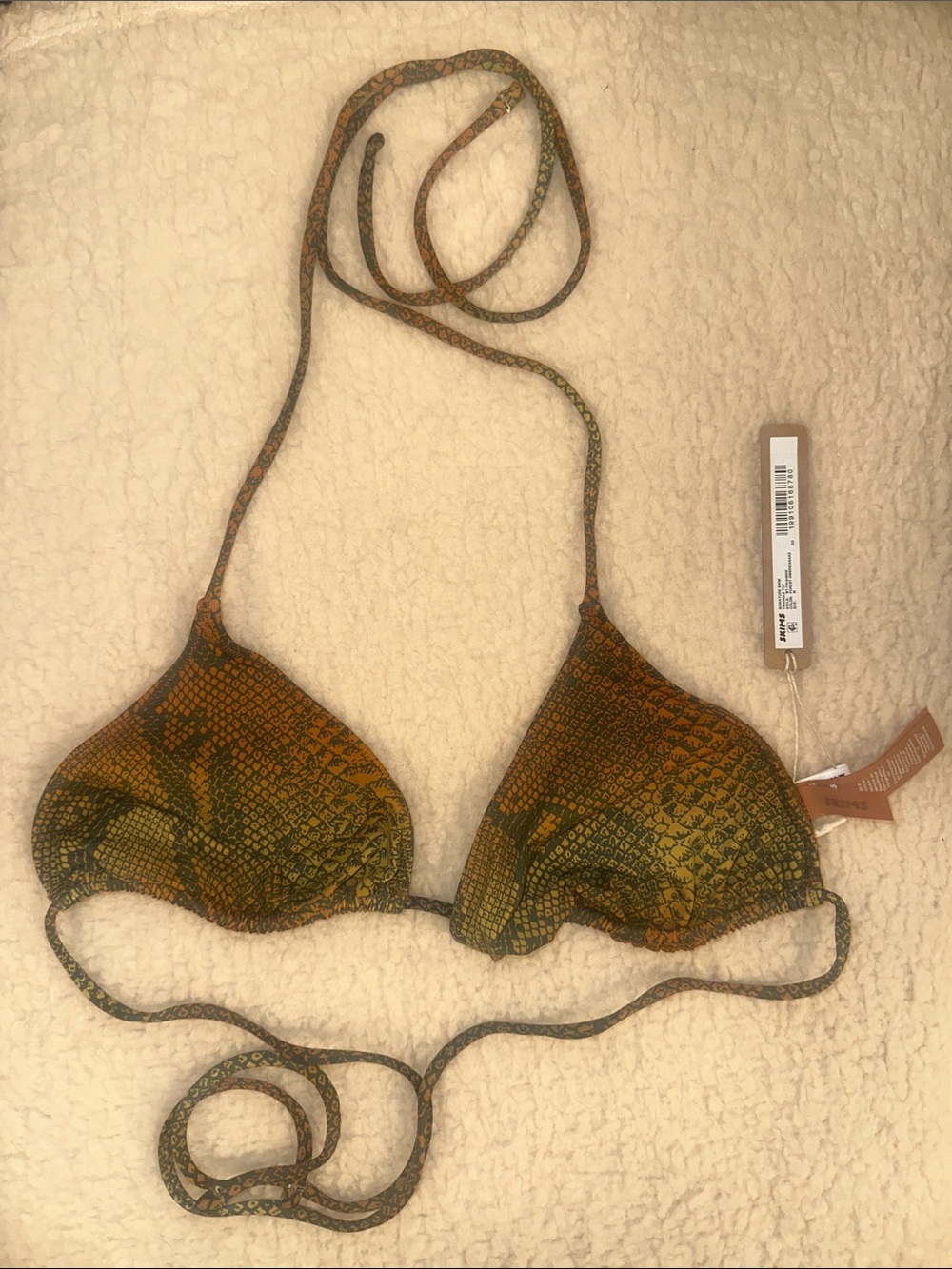Skims Snakeskin Print Triangle Bikini Top in Olive & Mustard snake print in M